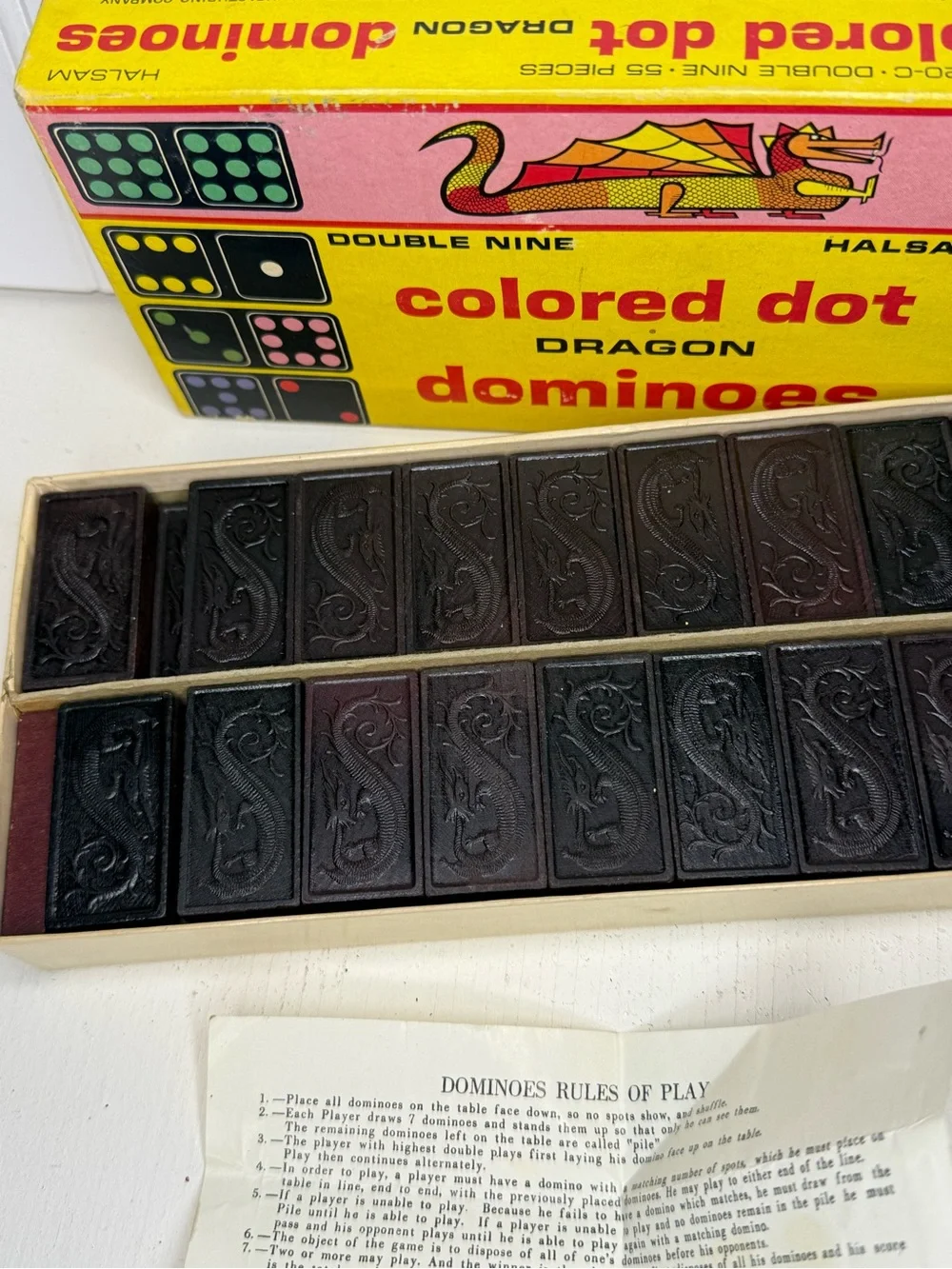 Vintage Dragon Dominoes with colored dots by Halsam Set Box GUC 920-C 55 Pieces